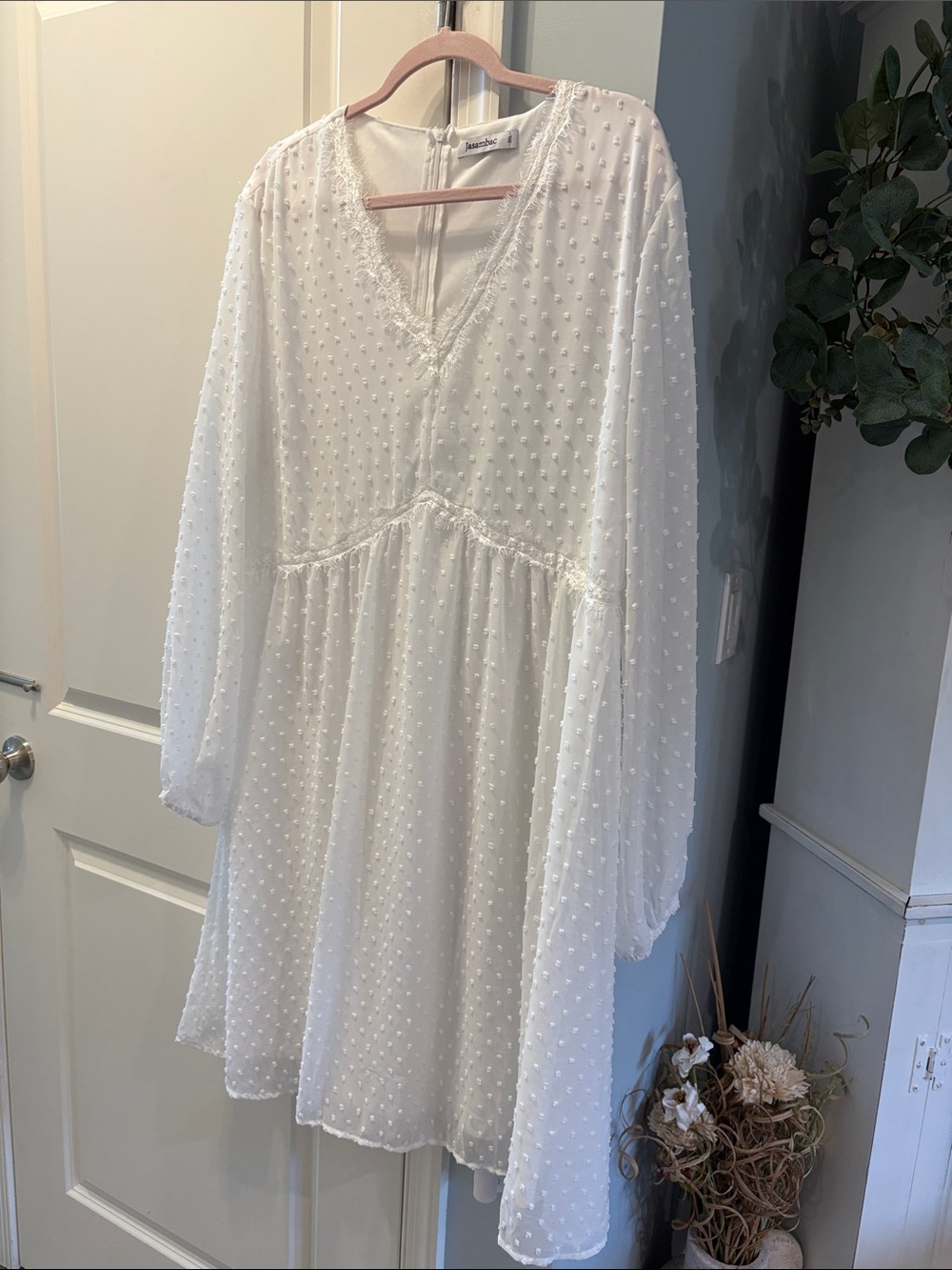 White Swiss Dot V-Neck Long Sleeve Dress